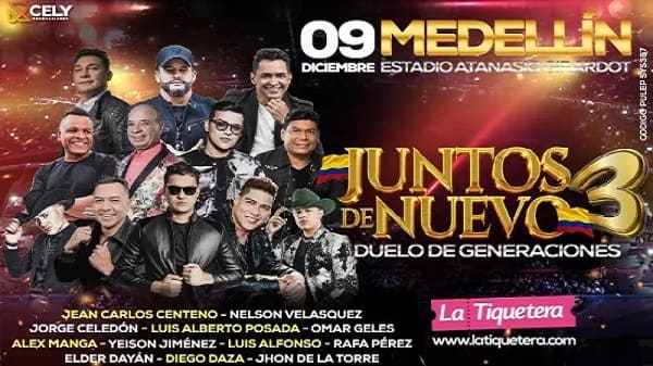Banner del concierto Juntos de Nuevo 3, este 09 de Diciembre en Medellín.