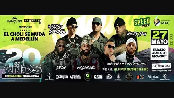 Banner del Concierto Nicky Jam, Wisin y Yandel, Nicky Jam, Arcangel, Sech, Magnate y Valentino en Medellín.